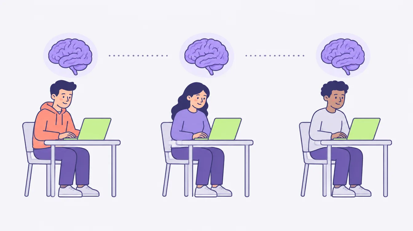 Three teammates at separate desks, each with their own brain floating above them and only dotted lines between