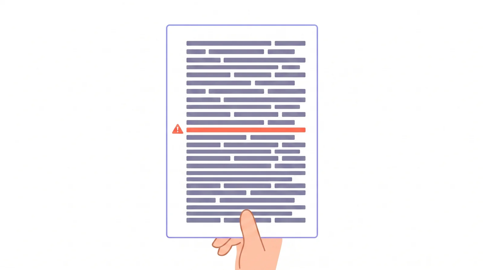 A hand holding a long note page densely filled with lines of text, with one line marked in orange and flagged by a warning triangle.