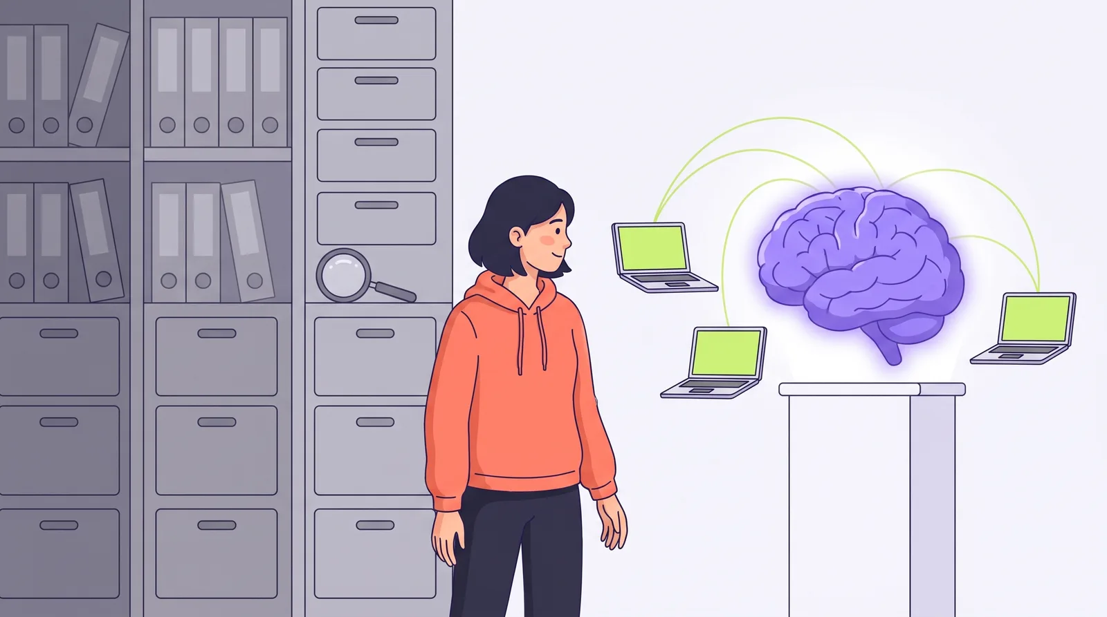 Choosing where a team's knowledge lives: a wall of filing drawers on one side, a shared AI brain on the other