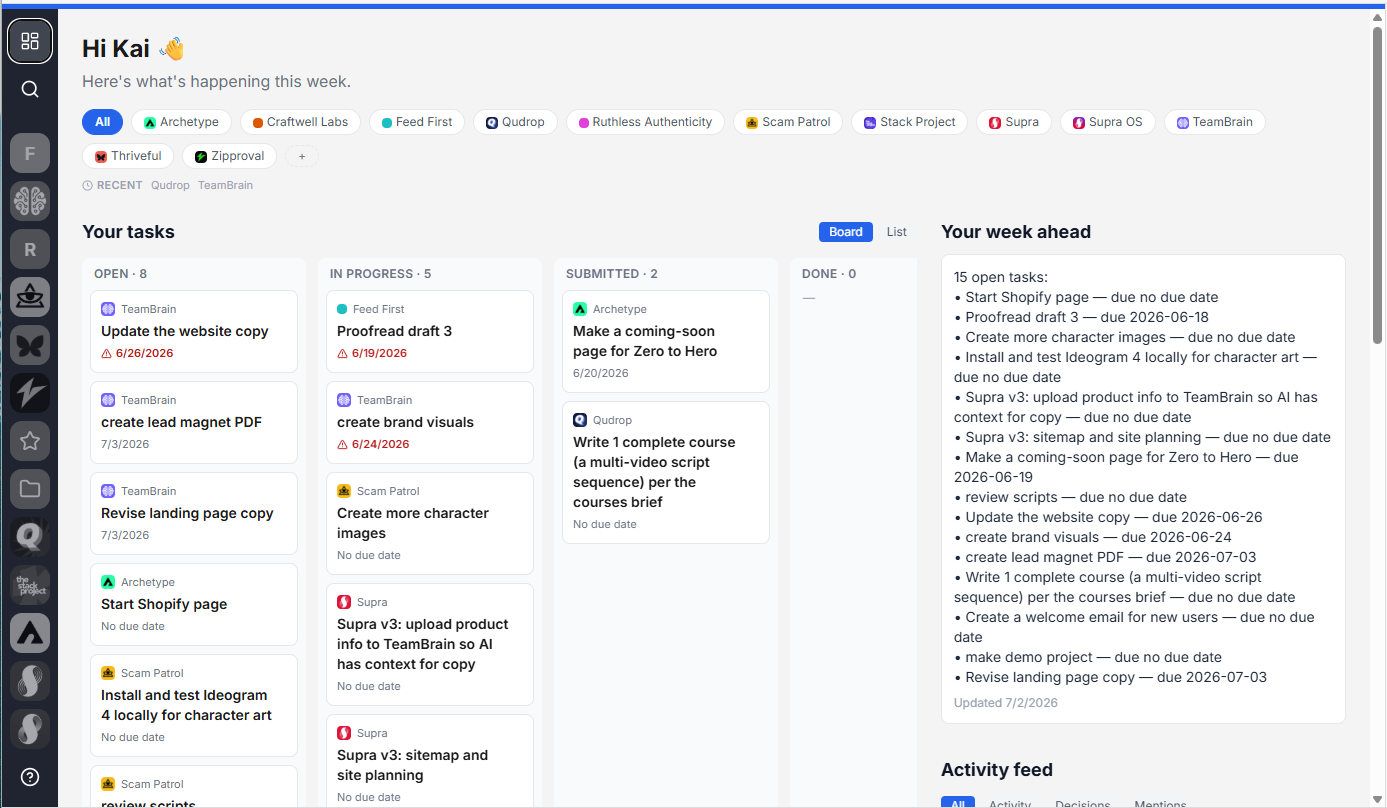 The TeamBrain workspace: a project board, team tasks, and the week-ahead view